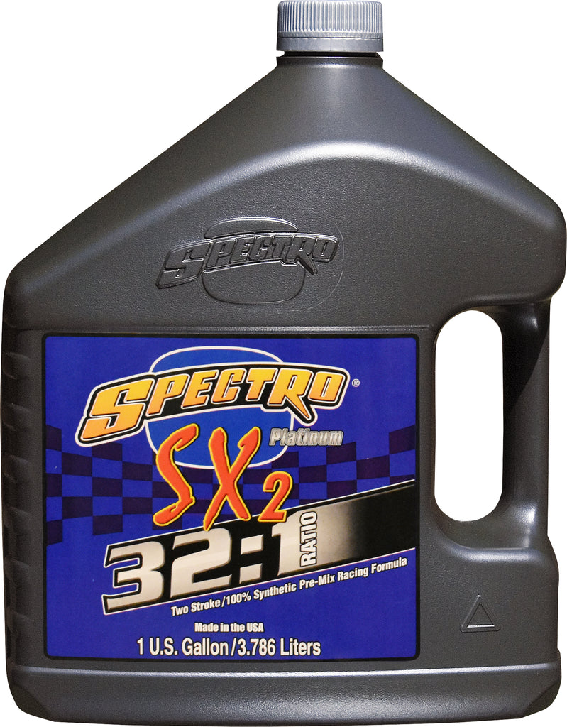 Spectro Platinum Sx2 full synthetic 2-stroke oil 1-gallon container, ideal for high-performance engine lubrication.