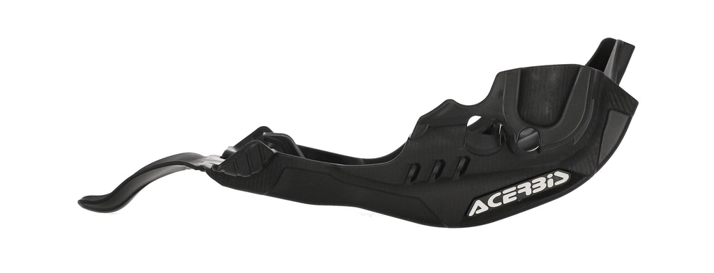 Acerbis black skid plate for motorcycle, durable plastic with mounting holes, designed to protect the underside of the bike.