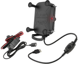 Ram Tough Charge X-Grip wireless charging holder with harness, mounted on a bracket for secure smartphone charging and support.