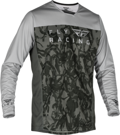 Fly Racing Radium motocross jersey in dark grey camo with grey accents, size medium, made of lightweight, breathable fabric.