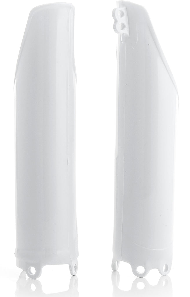 Acerbis white fork guard for motorcycle suspension, with black mounting brackets and protective design visible.