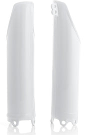 Acerbis white fork guard for motorcycle suspension, with black mounting brackets and protective design visible.
