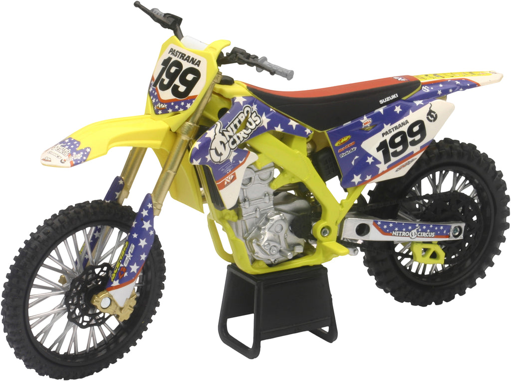 Yellow Suzuki RMZ450 race bike replica toy by New Ray Toys, detailed 1:12 scale motorcycle accessory for collectors.