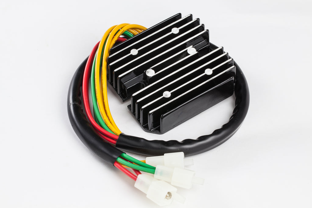 Ricks Motorsport Electric regulator and rectifier for motorcycle electrical systems, black metal component with wiring connections.
