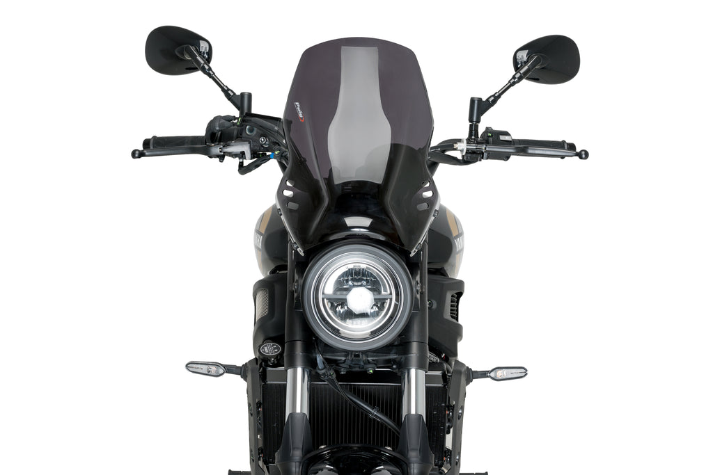 PUIG Naked New Gen Sport Windshield in dark smoke for Yamaha motorcycle, showcasing aerodynamic design and tinted finish.