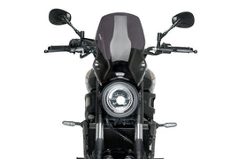 PUIG Naked New Gen Sport Windshield in dark smoke for Yamaha motorcycle, showcasing aerodynamic design and tinted finish.