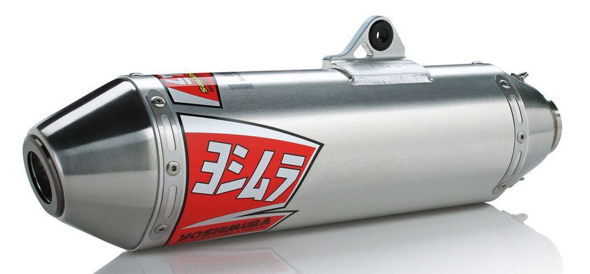 Yoshimura RS-2 exhaust header, canister, and end cap system with stainless steel and aluminum components, mounted on motorcycle.