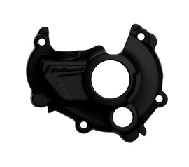 Polisport Plastics black ignition cover protector for motorcycle body, model 64-0850B, showing close-up of the plastic part.