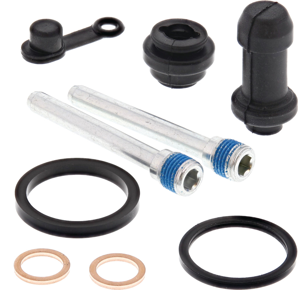 All Balls caliper rebuild kit for brake calipers, showing replacement seals and components on a clean surface.