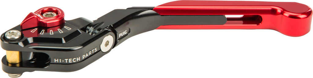 PUIG red extendable and foldable clutch lever for motorcycle, showing the sleek, ergonomic design and vibrant red finish.