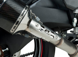 Yoshimura Street R-77 slip-on exhaust with stainless steel and carbon fiber components, shown on a motorcycle.