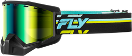 Fly Racing Focus snow goggles in black with hi-vis accents, green mirror lenses, and yellow lenses for winter sports eyewear.