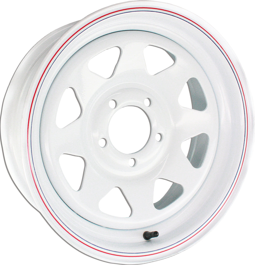 AWC 8-spoke steel trailer wheel 13x4.5 inches with 58-8003 model, showing the durable silver finish and 8-spoke design.