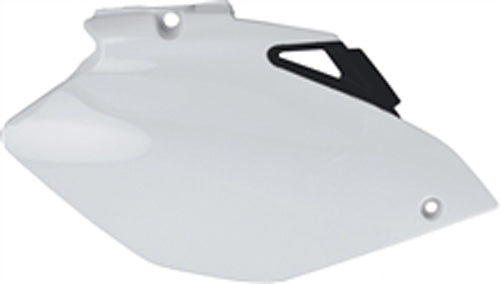 Polisport Plastics white side panels for body, model 64-4350, shown on motorcycle with detailed close-up of plastic body parts