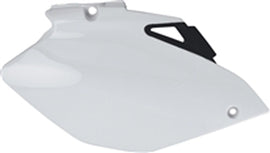 Polisport Plastics white side panels for body, model 64-4350, shown on motorcycle with detailed close-up of plastic body parts