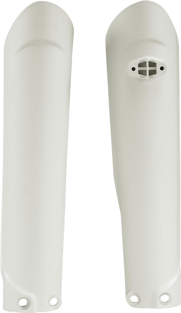 Acerbis white fork guards for motorcycles, featuring the brand logo and designed to protect motorcycle front forks.