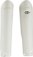 Charger l'image dans la galerie, Acerbis white fork guards for motorcycles, featuring the brand logo and designed to protect motorcycle front forks.