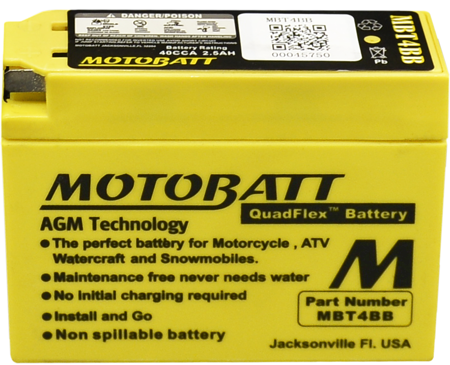 Motobatt MBT4BB sealed factory-activated motorcycle battery with durable design and positive and negative terminals visible
