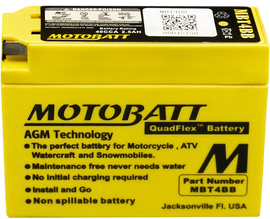 Motobatt MBT4BB sealed factory-activated motorcycle battery with durable design and positive and negative terminals visible
