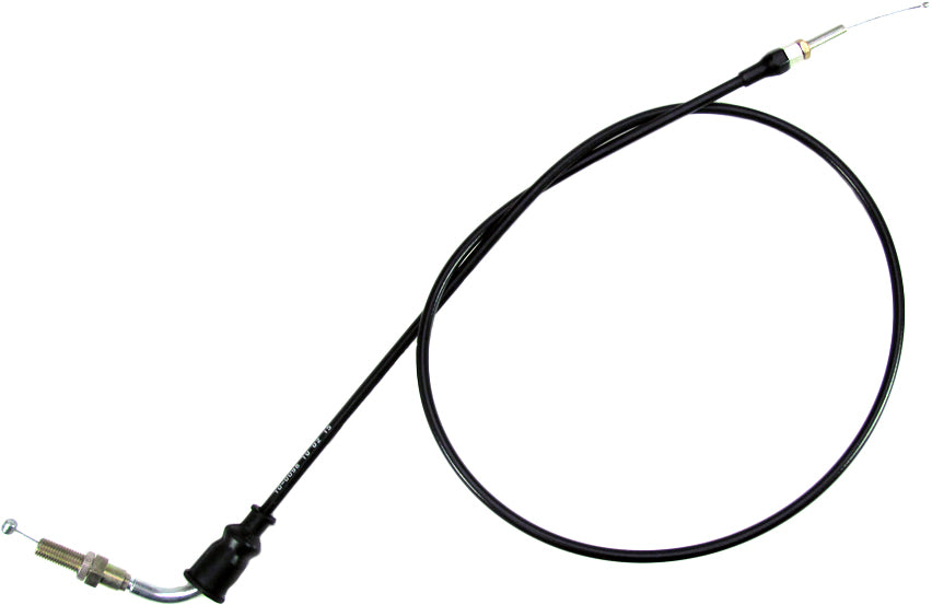 Motion Pro black vinyl throttle cable for motorcycle, showing the flexible cable with metal fittings and protective black outer covering.