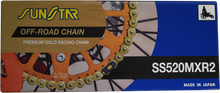 Load image into Gallery viewer, Sunstar MXR2 non-sealed 520x116 gold-colored bicycle chain with gold links, showcasing its durable design and construction.