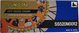 Sunstar MXR2 non-sealed 520x116 gold-colored bicycle chain with gold links, showcasing its durable design and construction.