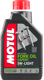 Motul Expert Fork Oil 5W 1L bottle, a high-quality motorcycle suspension oil from Motul, with a focus on performance and lubrication.
