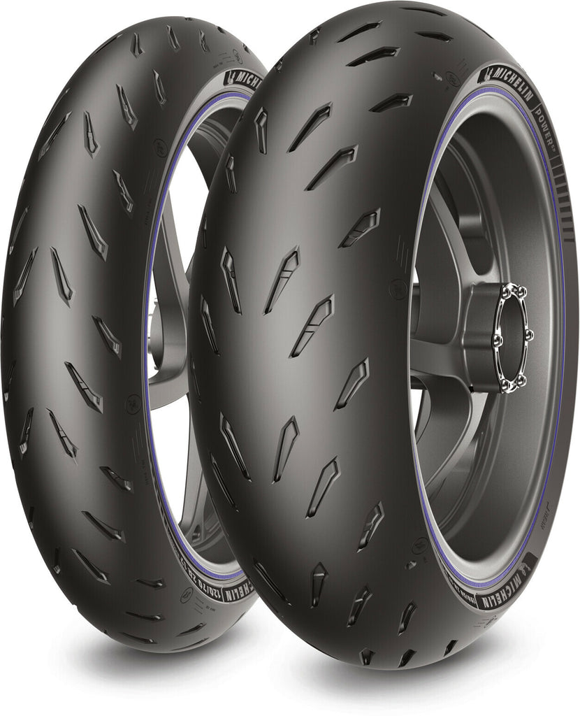 Michelin Power GP front motorcycle tire 120/70ZR17 radial with 58W load and speed rating, showing tread pattern and sidewall details.