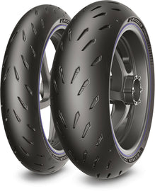 Michelin Power GP front motorcycle tire 120/70ZR17 radial with 58W load and speed rating, showing tread pattern and sidewall details.