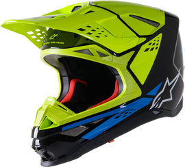 Alpine Star S.Tech S-M8 Factory helmet in glossy black, yellow fluorescent, and blue with size large, front view showing sleek design.