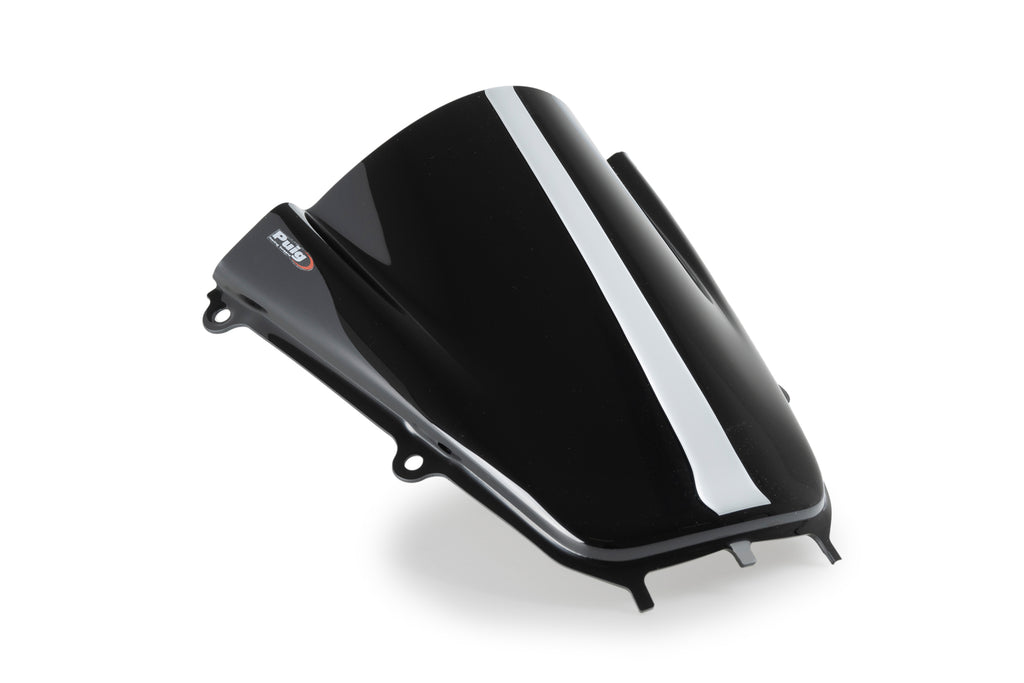 PUIG Z-Racing black windscreen for Yamaha motorcycle, showcasing sleek, aerodynamic design and mounting points.