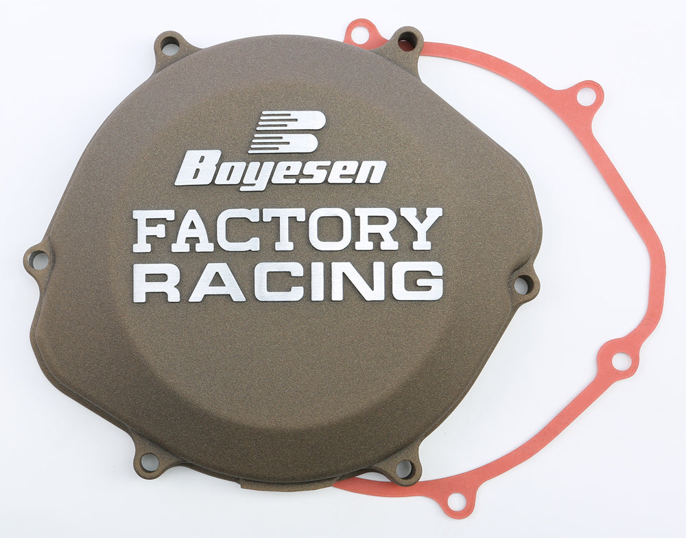Boyesen Factory Racing Clutch Cover Magnesium 59-7202AM showing the lightweight, durable magnesium clutch cover with branding details.