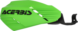 Acerbis K-Linear handguard in green and black, designed for motorcycle handlebars, featuring protective bars and mounting hardware.