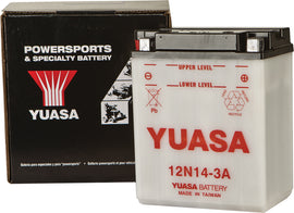Yuasa 12N14-3A conventional motorcycle battery with terminals and casing visible.