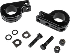 HardDrive black 1.25-inch bar footpeg mount clamps for motorcycles, suitable for secure installation on handlebars or bars.