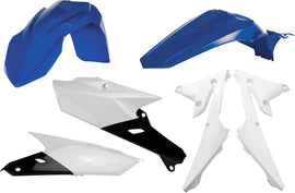 Blue Acerbis plastic kit for motorcycles, featuring various molded plastic parts arranged on a white background.