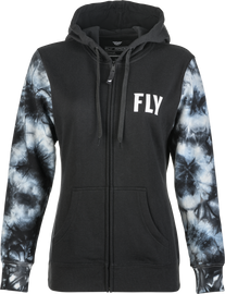 Fly Racing women's tie-dye zip-up hoodie in black and grey, featuring a casual fit and front zipper closure.