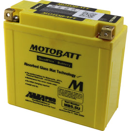 Motobatt MB5.5U sealed, factory-activated motorcycle battery with positive and negative terminals visible.