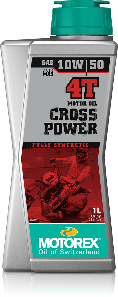 Bottle of Motorex Cross Power Oil 4T 10W50 motorcycle engine oil, 1-liter container, 10-pack case, chemical product