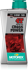 Bottle of Motorex Cross Power Oil 4T 10W50 motorcycle engine oil, 1-liter container, 10-pack case, chemical product