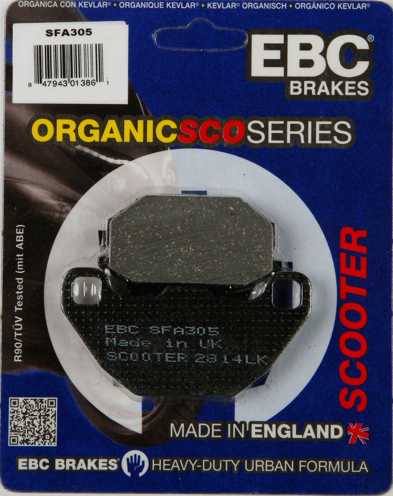EBC Motorcycle Brakes Sfa305 organic brake pads with metal backing plates for enhanced stopping power and durability.