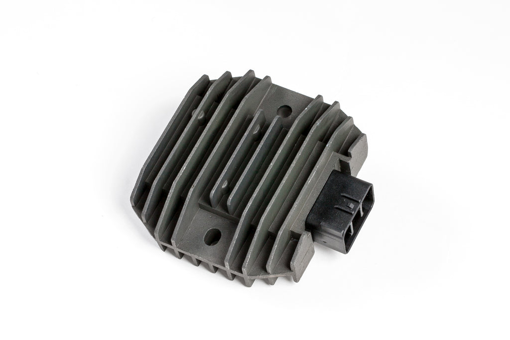 Ricks Motorsport Electric regulator and rectifier for motorcycle electrical systems, mounted on the unit with wiring connections visible.