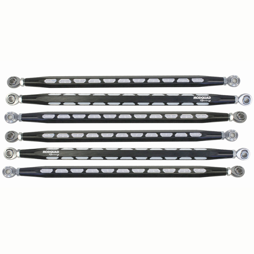 ModQuad rear radius rods in black for suspension, part number 28-47363, shown on a vehicle suspension system.