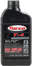 Torco T-4 10W30 motor oil 1L bottle, ideal for 4-stroke engines, with engine oil chemicals branding and product label visible.