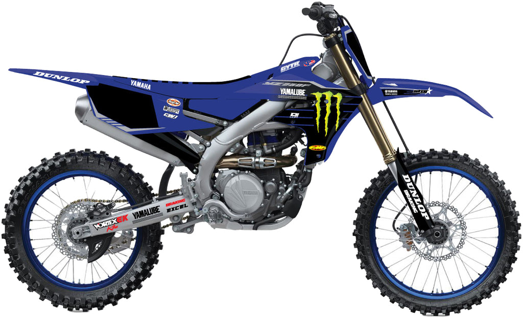 DCOR complete graphics and decals kit in blue and black for Yamaha YZF 250 motorcycle, includes detailed sticker designs.