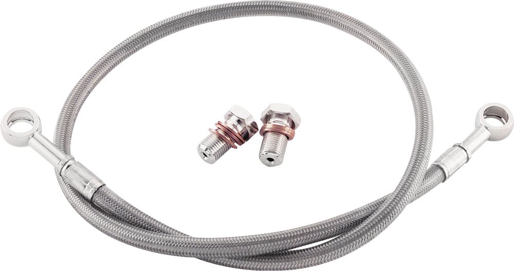 Rear silver GALFER brake line for Kawasaki motorcycle, showing the braided stainless steel construction and fittings.
