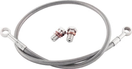 Silver GALFER hydraulic brake line for rear motorcycle brake system, featuring durable braided design and fittings.