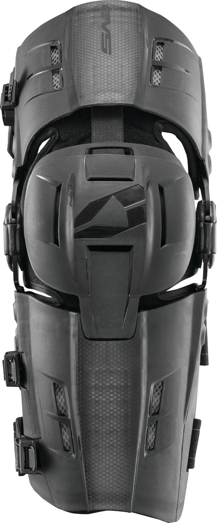 EVS Rs9 Knee Braces in size small, showing black and gray adjustable support with straps and open patella design.