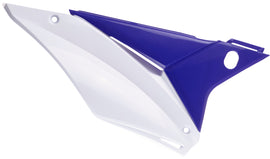 Blue and white Polisport Plastics Sherco side panels for body protection on motocross bikes.