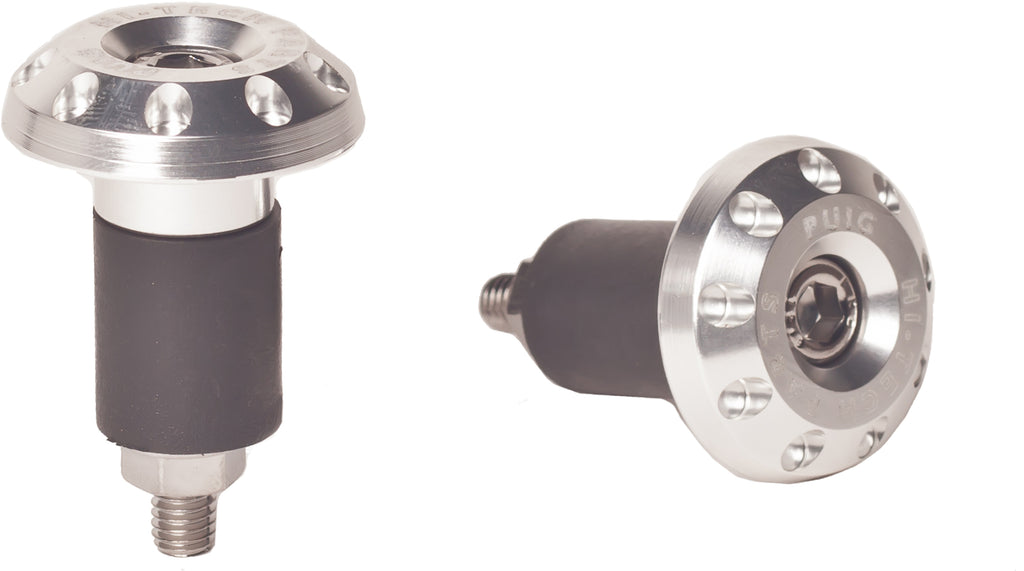 Silver PUIG Bar Ends Race Universal for motorcycles, showcasing sleek chrome finish and ergonomic design.